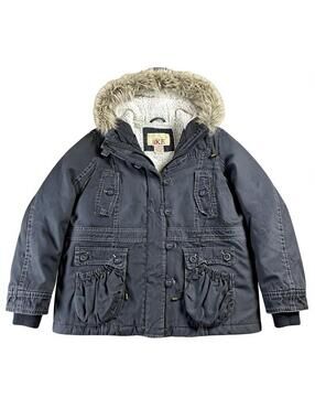 Y2K BKE Buckle Sherpa Lined Heavy Parka Faux Fur Trim Hood Women's Large Grey